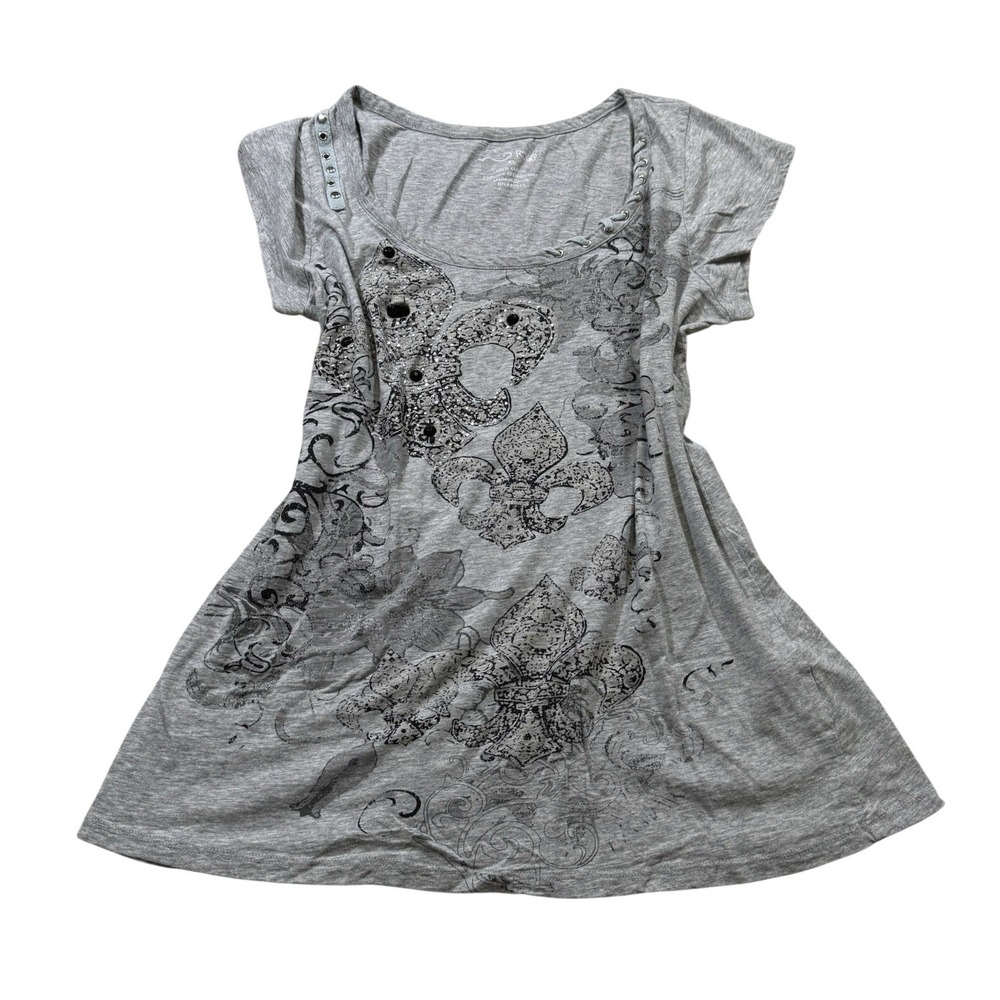RXB Burlesque Victorian French Chic Abstract Y2K Studded Swoop Neck Shirt Gray M